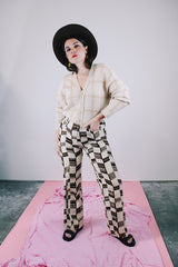 brown and tan printed linen low rise flair pants women's vintage 1970's