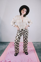 brown and tan printed linen low rise flair pants women's vintage 1970's