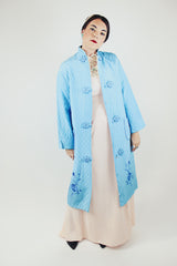 blue long sleeve long length quilted duster jacket with embroidered flowers vintage 1960's