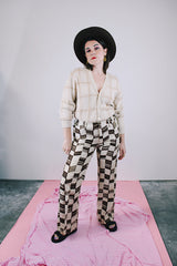 brown and tan printed linen low rise flair pants women's vintage 1970's