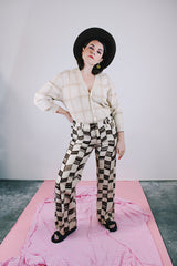 brown and tan printed linen low rise flair pants women's vintage 1970's