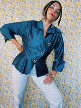 1950's vintage blue statin evening jacket with diagonal lapel with collar