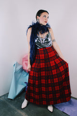 Women's vintage 1980's Pendleton label ankle length wool maxi skirt in red with a navy and yellow all over plaid print