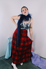 Women's vintage 1980's Pendleton label ankle length wool maxi skirt in red with a navy and yellow all over plaid print