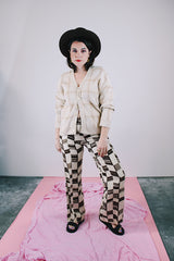 long sleeve tan plaid button up cardigan sweater vintage 1960's