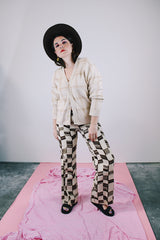 long sleeve tan plaid button up cardigan sweater vintage 1960's