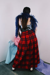 Women's vintage 1980's Pendleton label ankle length wool maxi skirt in red with a navy and yellow all over plaid print