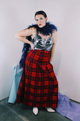 Women's vintage 1980's Pendleton label ankle length wool maxi skirt in red with a navy and yellow all over plaid print