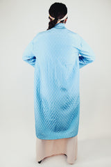 blue long sleeve long length quilted duster jacket with embroidered flowers vintage 1960's