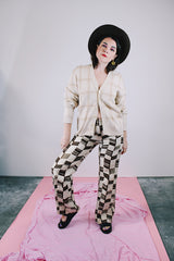 long sleeve tan plaid button up cardigan sweater vintage 1960's