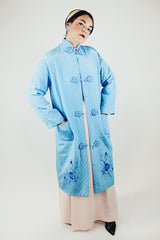 blue long sleeve long length quilted duster jacket with embroidered flowers vintage 1960's