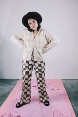 long sleeve tan plaid button up cardigan sweater vintage 1960's