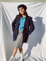 long sleeve navy blue pin stripe double breasted blazer vintage 1970's