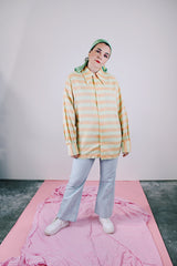 long sleeve button up shirt in pastel green and orange stripes