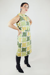 sleeveless green square print midi dress with high neck and matching belt vintage 1960's