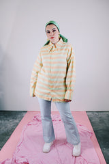 long sleeve button up shirt in pastel green and orange stripes