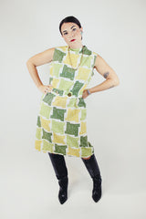 sleeveless green square print midi dress with high neck and matching belt vintage 1960's