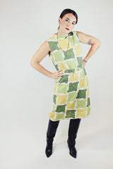 sleeveless green square print midi dress with high neck and matching belt vintage 1960's