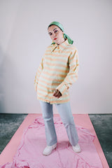 long sleeve button up shirt in pastel green and orange stripes