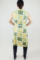 sleeveless green square print midi dress with high neck and matching belt vintage 1960's