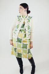 long sleeve cream colored wool cardigan with embroidered flowers and silver buttons vintage 1960's