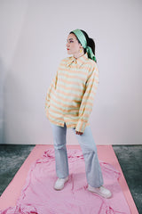 long sleeve button up shirt in pastel green and orange stripes