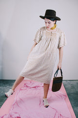 short sleeve midi length linen dress in cream with brown vertical stripes vintage 1970's