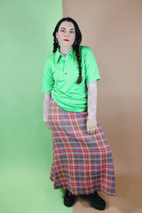 Women's or men's vintage 1970's Designed by David Harrison label short sleeve half button shirt with pointy collar in a bright vibrant green color.