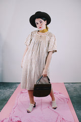 short sleeve midi length linen dress in cream with brown vertical stripes vintage 1970's