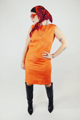 sleeveless knee length textured material orange dress vintage 1960's