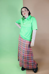 Women's or men's vintage 1970's Designed by David Harrison label short sleeve half button shirt with pointy collar in a bright vibrant green color.