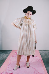 short sleeve midi length linen dress in cream with brown vertical stripes vintage 1970's