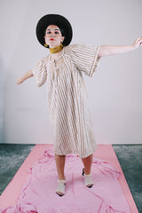 short sleeve midi length linen dress in cream with brown vertical stripes vintage 1970's