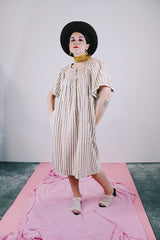 short sleeve midi length linen dress in cream with brown vertical stripes vintage 1970's
