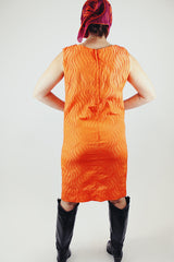 sleeveless knee length textured material orange dress vintage 1960's