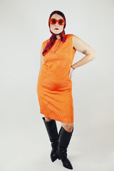sleeveless knee length textured material orange dress vintage 1960's