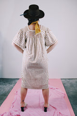 short sleeve midi length linen dress in cream with brown vertical stripes vintage 1970's