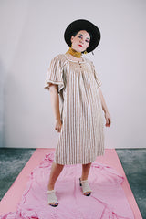 short sleeve midi length linen dress in cream with brown vertical stripes vintage 1970's