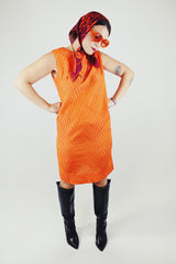 sleeveless knee length textured material orange dress vintage 1960's