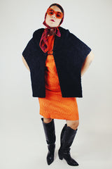 textured boucle black shawl with one closure longer in the front vintage 1940's