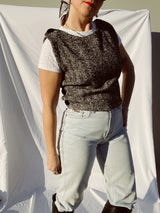 black and white wool herringbone top sleeveless with velvet buttons vintage 1980's