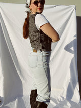 black and white wool herringbone top sleeveless with velvet buttons vintage 1980's