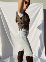 black and white wool herringbone top sleeveless with velvet buttons vintage 1980's