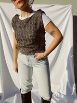 black and white wool herringbone top sleeveless with velvet buttons vintage 1980's