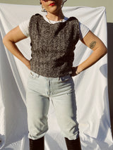 black and white wool herringbone top sleeveless with velvet buttons vintage 1980's