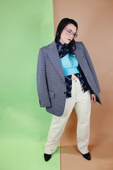 Men's vintage 1970's Double Knits Tailored by Jantzen label long sleeve polyester blazer with navy, white, and maroon all over houndstooth print.