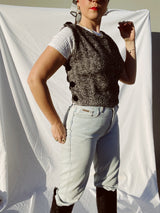 black and white wool herringbone top sleeveless with velvet buttons vintage 1980's