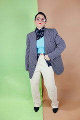 Men's vintage 1970's Double Knits Tailored by Jantzen label long sleeve polyester blazer with navy, white, and maroon all over houndstooth print.