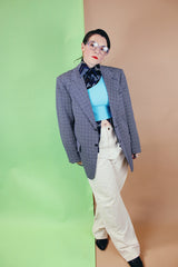 Men's vintage 1970's Double Knits Tailored by Jantzen label long sleeve polyester blazer with navy, white, and maroon all over houndstooth print.