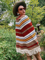 striped knit poncho with buttons and fringe hem women's vintage 1970's
